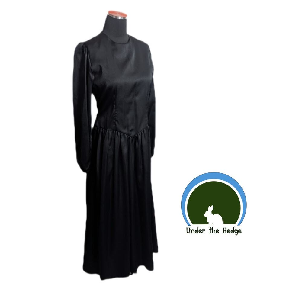 Vintage Black Satin Finish Puff Sleeve Formal Gown Dress Medium Goth Witchy